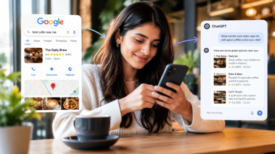 A clean, premium visual showing a local business at the center, with a customer journey flowing through: